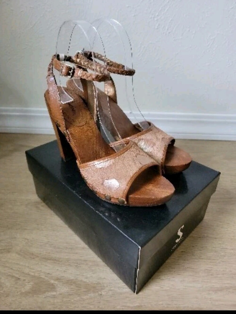 Y2k Sam Edelman Pony Hair Metallic And Wood Strappy Block High Heels